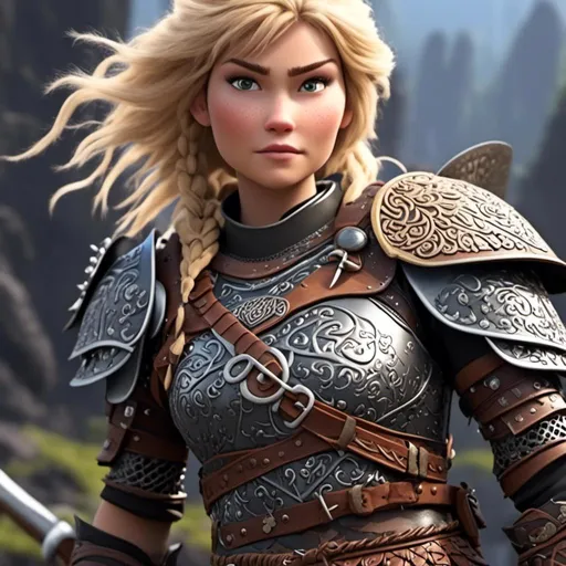 Prompt: <mymodel>Animated CGI style of a fierce Caucasian white Viking female about 25 years old, blond hair, detailed facial features, leather armor with intricate Nordic designs, battle axe and shield, intense and determined expression, dynamic and powerful pose, high definition, CGI, detailed armor, fierce female, Nordic designs, battle-ready, dynamic pose, professional lighting