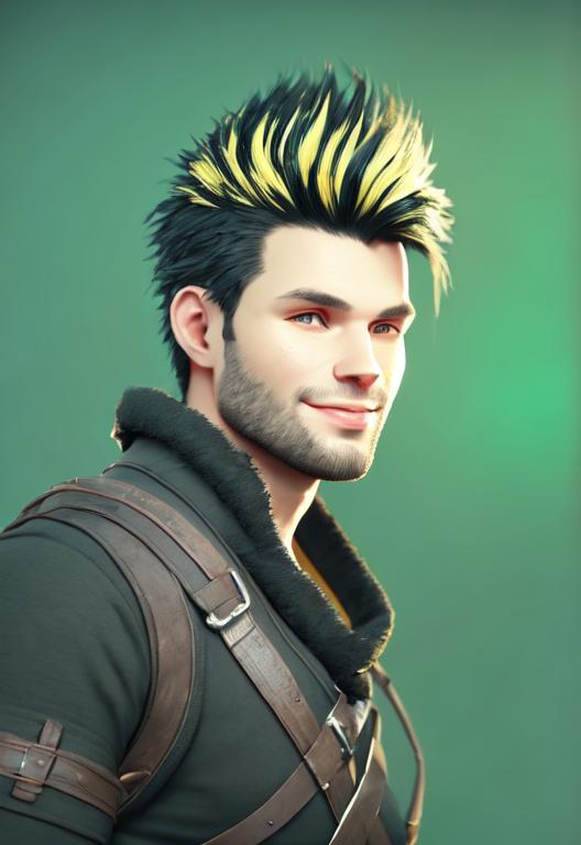 Prompt: Digital art, black hair, yellow viking gear, 22-year-old viking man, viking gear, medium-length black hair, black stubble beard, subtle smile, hazel eyes, adventurer, unreal engine 8k octane, 3d lighting