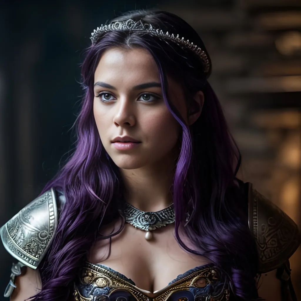 Prompt: create most beautiful fictional female viking princess, (((dark purple hair))), commanding her citizens, extremely detailed environment, detailed background, intricate, detailed skin, professionally color graded, photorealism, 8k, moody lighting