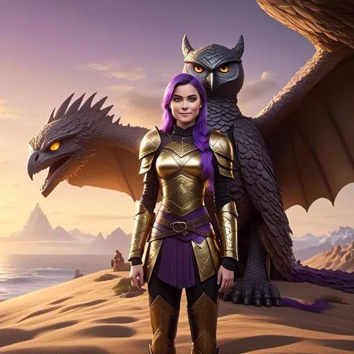 Prompt: Photo of <mymodel> standing next to her owl-like sand color stormcutter dragon from "How to Train Your Dragon"