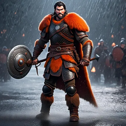 Prompt: <mymodel>Animated CGI style of a fierce Viking male about 25 years old, black hair, detailed facial features, leather armor {{((red))}} and orange armor, battle axe and shield, standing in the rain, intense and determined expression, dynamic and powerful pose, CGI, fierce male, Nordic designs, battle-ready, dynamic pose, professional lighting