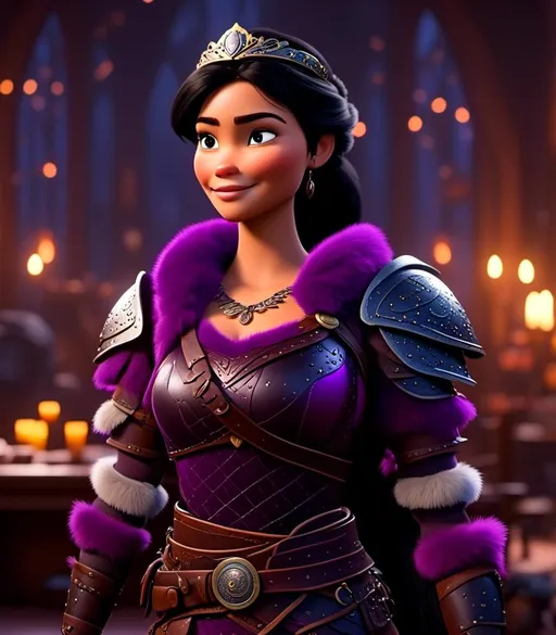 Prompt: <mymodel>CGI Animation, digital art, 20-year-old-old viking woman with light blue eyes, she is standing in her library, she is of royalty, {{black gear, purple armor}}, black hair with purple strands, single braid down her shoulder with a tiara, subtle smile, unreal engine 8k octane, 3d lighting, close up camera shot on the face, full armor