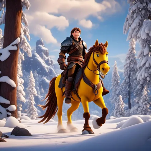 Prompt: <mymodel>CGI Animation, 20-year-old pirate man, rides a yellow horse through the snowy, a snowy scene, {{brown gear, silver armor}}, brunette hair, dreadlocks, subtle smile, beads hair, multiple braids, straight hair, blue eyes, bracelets, rings on fingers, mercenary gear, unreal engine 8k octane, 3d lighting, full body, full armor