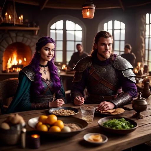 Prompt: Photo of a young <mymodel> sitting at the supper table with her husband a young Jarl Mollerson with short brown hair and no beard in their viking house