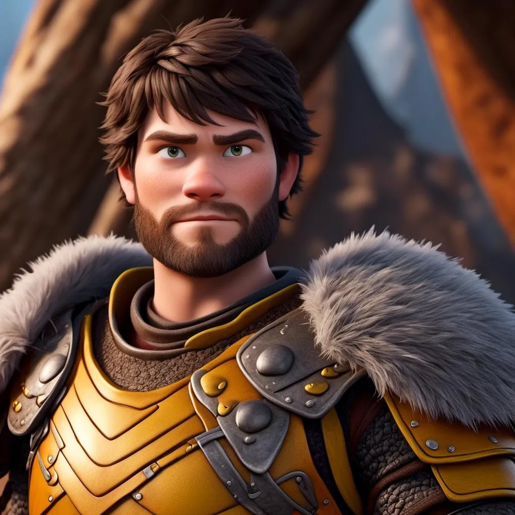 Prompt: <mymodel>Animated CGI style of a fierce Caucasian Viking with dark hair, intense gaze, realistic yellow armor with bursts of orange textures, high quality, CGI, realistic, intense gaze, viking, male, Caucasian, detailed facial features, fur textures, highres, professional, intense lighting