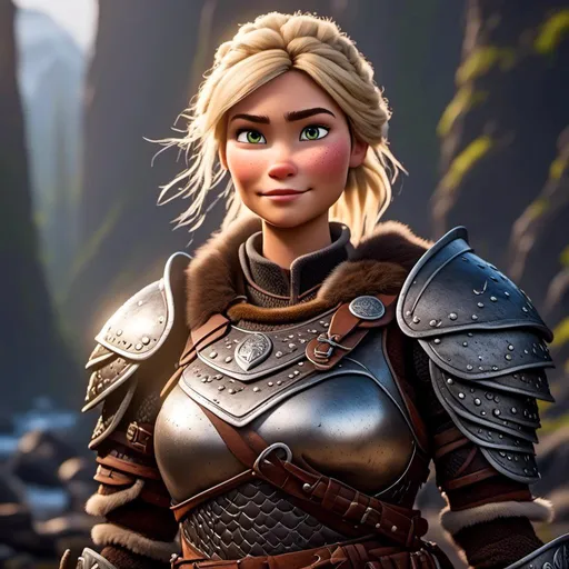 Prompt: digital CGI art of <mymodel>, 27-year-old modest Young woman viking, white gear, she has two iron frying pans to use as weapons, blonde hair, Quite well-built and lean muscled, green gold eyes, assassin's creed Valhalla armor, very short curly blonde hair