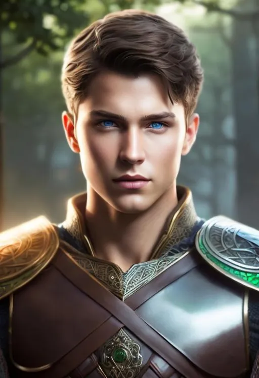 Prompt: he has short brown hair, create most handsome fit fictional male prince viking warrior, short brown hair, light green eyes, extremely detailed environment, detailed background, intricate, detailed skin, professionally color graded, photorealism, 16k, moody lighting