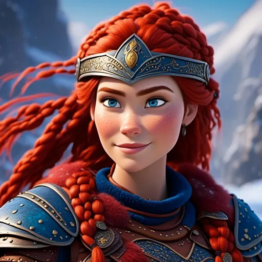 Prompt: <mymodel>CGi Animation, 25-year-old viking woman warrior with blue eyes, a snowy scene, the viking woman has a subtle smile, red hair with lots of braids, she has red gear, gold armor with bursts of blue textured splotches, black pants, black boots