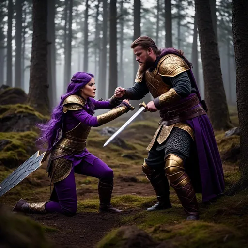 Prompt: Photo of <mymodel> in an intense sword battle against Einar Verodfellar who is the most evil of viking villains she has ever faced and wants to kill her