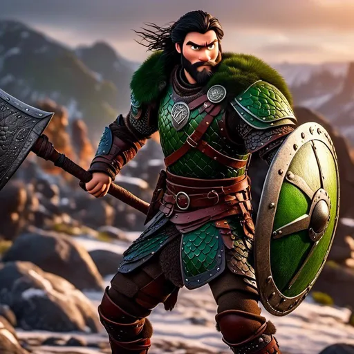 Prompt: <mymodel>Animated CGI style of a fierce Viking male about 25 years old, black hair, detailed facial features, leather armor {{((red))}} and green armor, battle axe and shield, intense and determined expression, dynamic and powerful pose, high definition, CGI, detailed armor, fierce female, Nordic designs, battle-ready, dynamic pose, professional lighting