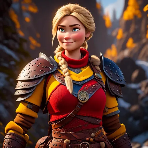 Prompt: <mymodel>CGi Animation, 20-year-old viking woman with one hair braid, subtle smile, blonde hair, blue eyes, blue gear, yellow armor, red clothes, yellow textures and highlights, unreal engine 8k octane, 3d lighting, full body, full armor