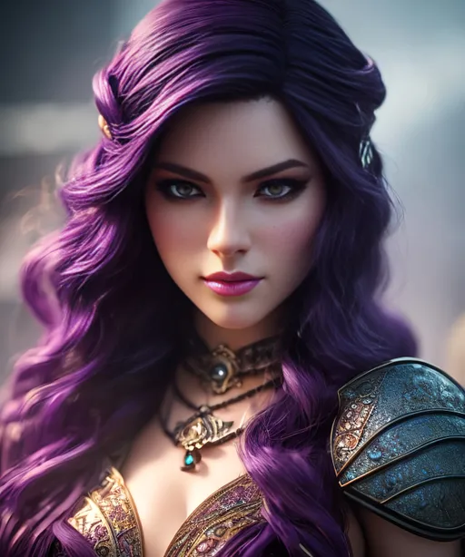 Prompt: she has dark purple hair, create most beautiful fictional female viking princess warrior, dark purple hair, light blue eyes, extremely detailed environment, detailed background, intricate, detailed skin, professionally color graded, photorealism, 8k, moody lighting
