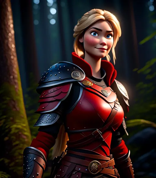 Prompt: <mymodel>CGI Animation, digital art, 20-year-old-old viking woman with light blue eyes standing in a dimly lit forest, blue assassin's creed clothes, red colored armor, blonde straight hair, subtle smile, unreal engine 8k octane, 3d lighting, cinematic lighting, camera shot of full armor from head to toe