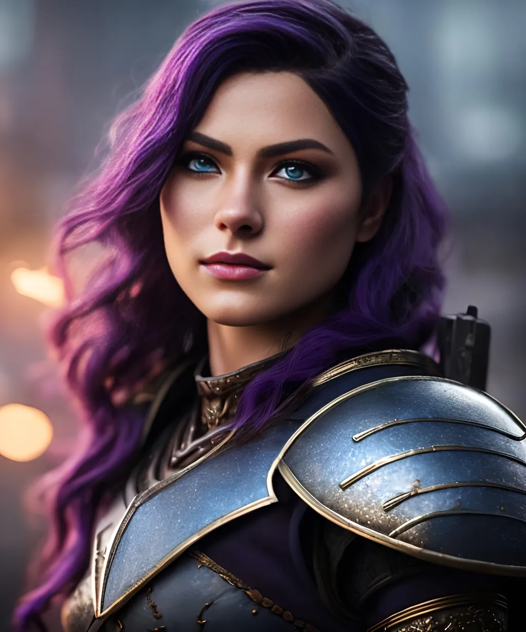 Prompt: she has dark purple hair, create most beautiful fictional female viking warrior, dark purple hair, light blue eyes, battle gear, full armor, extremely detailed environment, detailed background, intricate, detailed skin, professionally color graded, photorealism, 8k, moody lighting