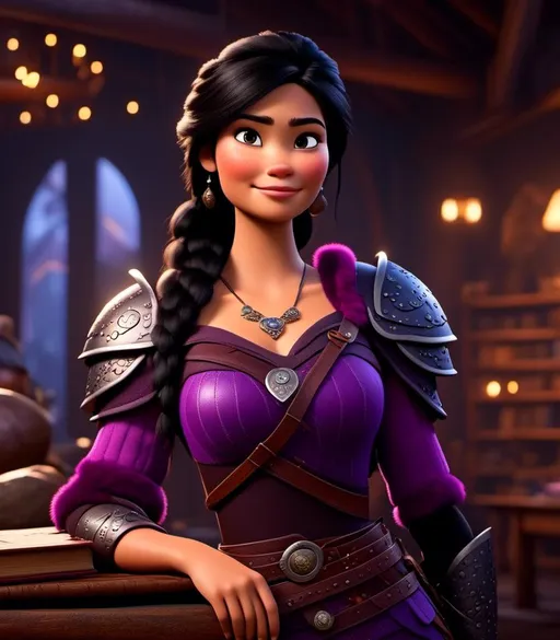 Prompt: <mymodel>CGI Animation, digital art, 20-year-old-old viking woman with light blue eyes, she is standing in her library, she is of royalty, {{black gear, purple armor}}, black hair with purple strands, single braid down her shoulder with a tiara, subtle smile, unreal engine 8k octane, 3d lighting, close up camera shot on the face, full armor