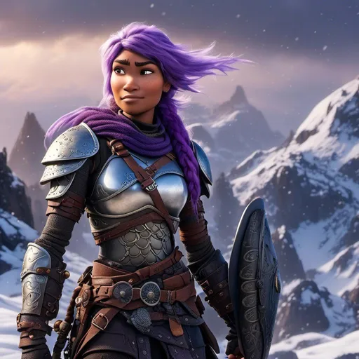 Prompt: <mymodel>animated CGI style, caucasian white, purple hair, viking female warrior, detailed braided hair and battle scars, rugged and weathered armor, intense and determined gaze, snowy and rugged landscape, fierce, warrior, detailed hair, battle scars, snowy landscape, intense gaze, weathered armor, dramatic lighting