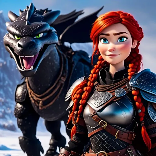 Prompt: <mymodel>CGI animation, 40-year-old woman, red hair, dreadlocks, braids, light blue eyes, black gear, black armor, standing on a snowy plain with her white dragon