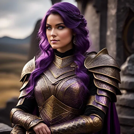 Prompt: Photo of <mymodel> in her suit of dragon-scale armor, single strand of braided hair draped over her right shoulder, rest of her hair is down her back