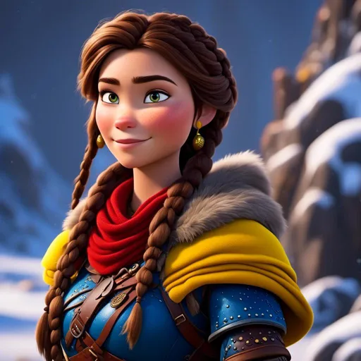 Prompt: <mymodel>CGI Animation, close-up portrait of the face, 20-year-old-old pirate woman sitting on a snow bank, a snowy scene, {{yellow gear, blue armor}}, brunette hair, dreadlocks with a faded buzz cut on the side of the head, subtle smile, beads hair, small red earrings, multiple braids, yellow gear, straight hair, green eyes, bracelets, rings on fingers, mercenary gear, unreal engine 8k octane, 3d lighting, close up camera shot on the face, full armor