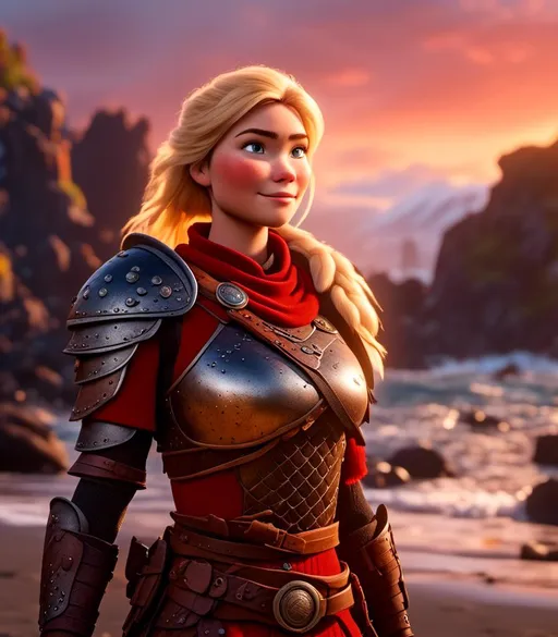 Prompt: <mymodel>CGI Animation, digital art, 20-year-old-old viking woman with light blue eyes standing around several hot springs on a beach, sunset lighting, blue clothes, red colored armor, blonde straight hair, subtle smile, unreal engine 8k octane, 3d lighting, cinematic lighting, camera shot of full armor from head to toe