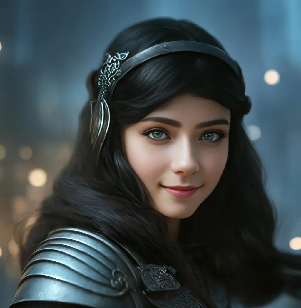 Prompt: she has black hair, create most beautiful fictional female princess viking warrior, hopeful smile, black hair, light blue eyes, extremely detailed environment, detailed background, intricate, detailed skin, professionally color graded, photorealism, 8k, moody lighting