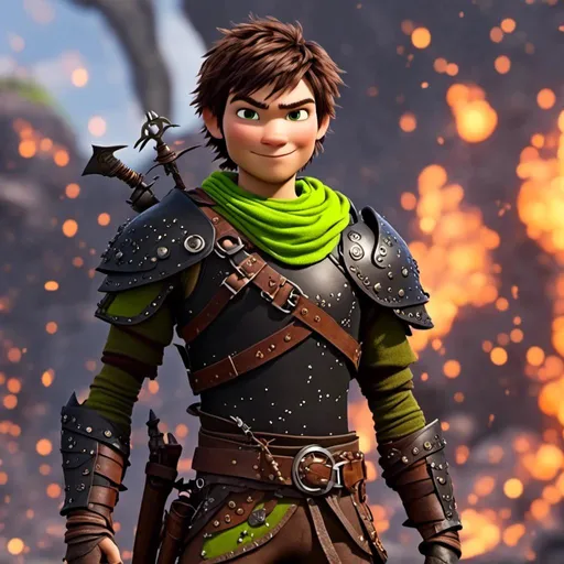 Prompt: <mymodel> CGI Animation, sinister viking boy, 18-year-old, chaotic evil, black short messy chaotic unkept hair, no facial hair, neon green bandana, dark brown, dark brown long-sleeve shirt, pants, leather armor, two daggers, dozen throwing knives