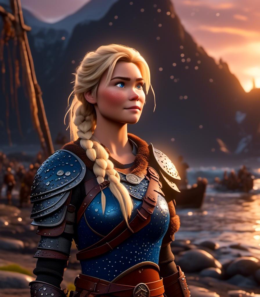 Prompt: <mymodel>CGI Animation, digital art, 20-year-old-old viking woman with blue eyes standing around several hot springs on a beach, ((blue clothes, blue colored armor,)) raining with sunset lighting, blonde straight hair, subtle smile, unreal engine 8k octane, 3d lighting, cinematic lighting, camera shot of full armor from head to toe