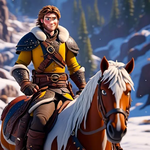 Prompt: <mymodel>CGI Animation, 20-year-old pirate man, rides a pale yellow horse through the snowy, a snowy scene, {{brown gear, silver armor}}, brunette hair, dreadlocks, subtle smile, beads hair, multiple braids, straight hair, blue eyes, bracelets, rings on fingers, mercenary gear, unreal engine 8k octane, 3d lighting, full body, full armor