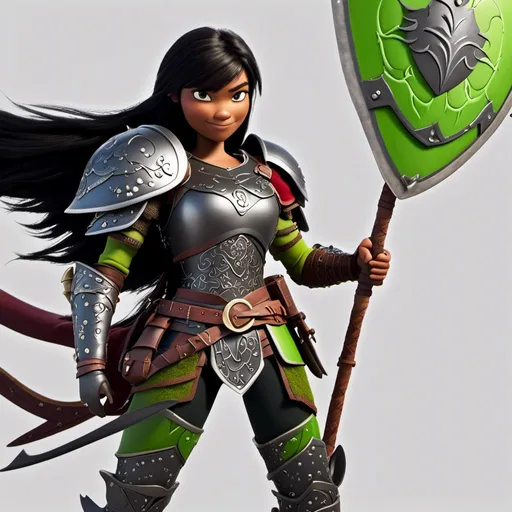 Prompt: <mymodel>Animated CGI style of a fierce ((Caucasian white)) Viking female about 25 years old, black hair, detailed facial features, leather armor {{((red))}} and green armor, battle axe and shield, intense and determined expression, dynamic and powerful pose, high definition, CGI, detailed armor, fierce female, Nordic designs, battle-ready, dynamic pose, professional lighting