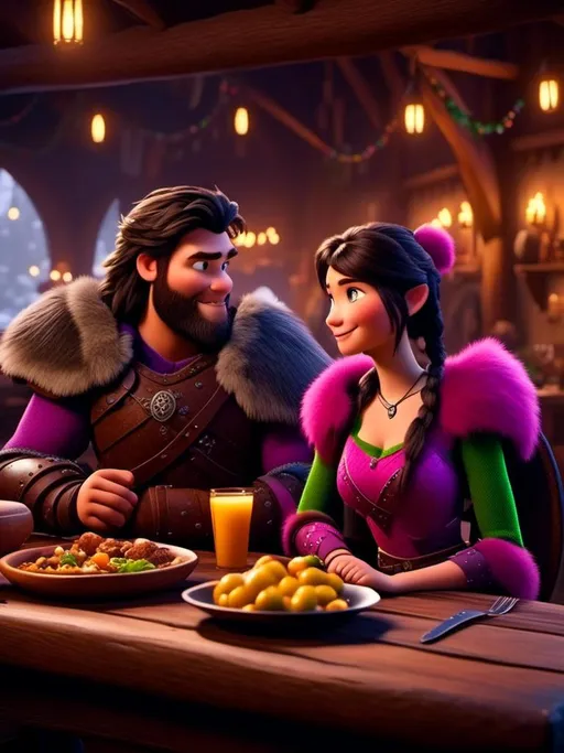 Prompt: <mymodel>CGI Animation, digital art, 20-year-old-old viking woman of royalty standing a busy tavern having a meal with her husband Jarl, {{the woman has pink gear, purple armor}}, black hair, straight hair with a tiara, subtle smile, Jarl has green armor and brown gear, unreal engine 8k octane, 3d lighting, close up camera shot on the face, full armor