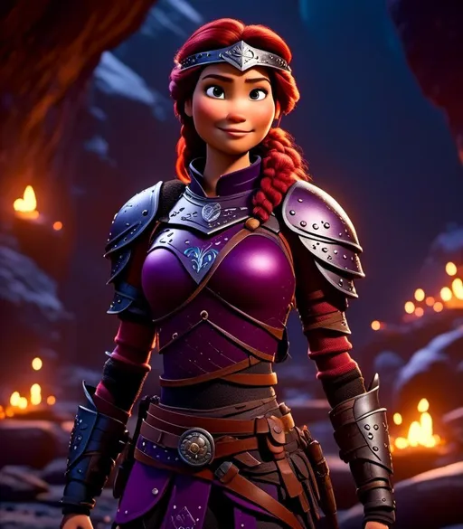 Prompt: <mymodel>CGI Animation, digital art, 20-year-old-old viking woman with light blue eyes, in a cave with dim torches, she is of royalty standing, {{black gear, purple armor}}, purple hair, single braid down her shoulder with a tiara, subtle smile, unreal engine 8k octane, 3d lighting, close up camera shot on the face, full armor