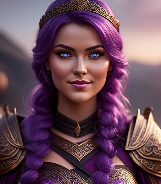 Prompt: <mymodel>CGI Animation, digital art, 20-year-old-old viking woman with light blue eyes, she is overjoyed, purple hair with purple strands, single braid down her shoulder with a tiara, unreal engine 8k octane, 3d lighting, close up camera shot on the face, full armor