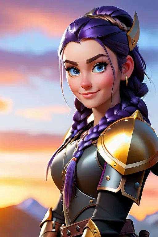 Prompt: Digital art, bright colors, subtle smile, 23-year-old woman viking, dark purple hair, one braid, light blue eyes, cut over left eye to on cheekbone, black gear, gold armor, unreal engine 8k octane, 3d lighting, full body, full armor