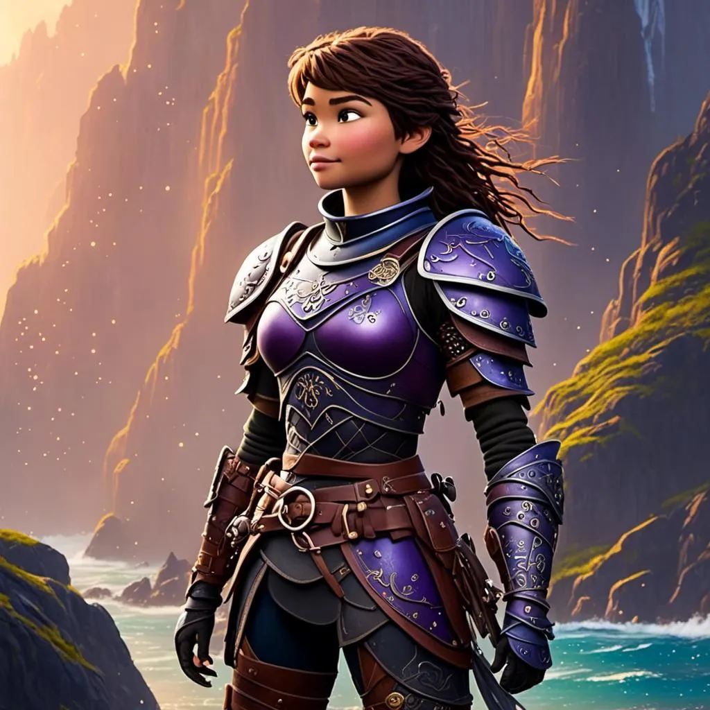 Prompt: a photo of <mymodel>, a caucasian white viking female with purple gear and armor
