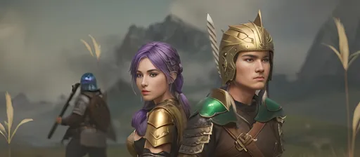 Prompt: create a female and male viking warriors, the female has purple hair and is holding and axe, her gear is black and silver.

The male has short brown hair with a gold helmet and holds a sword, his gear is shades of green with brown leather

They are in a grassy field