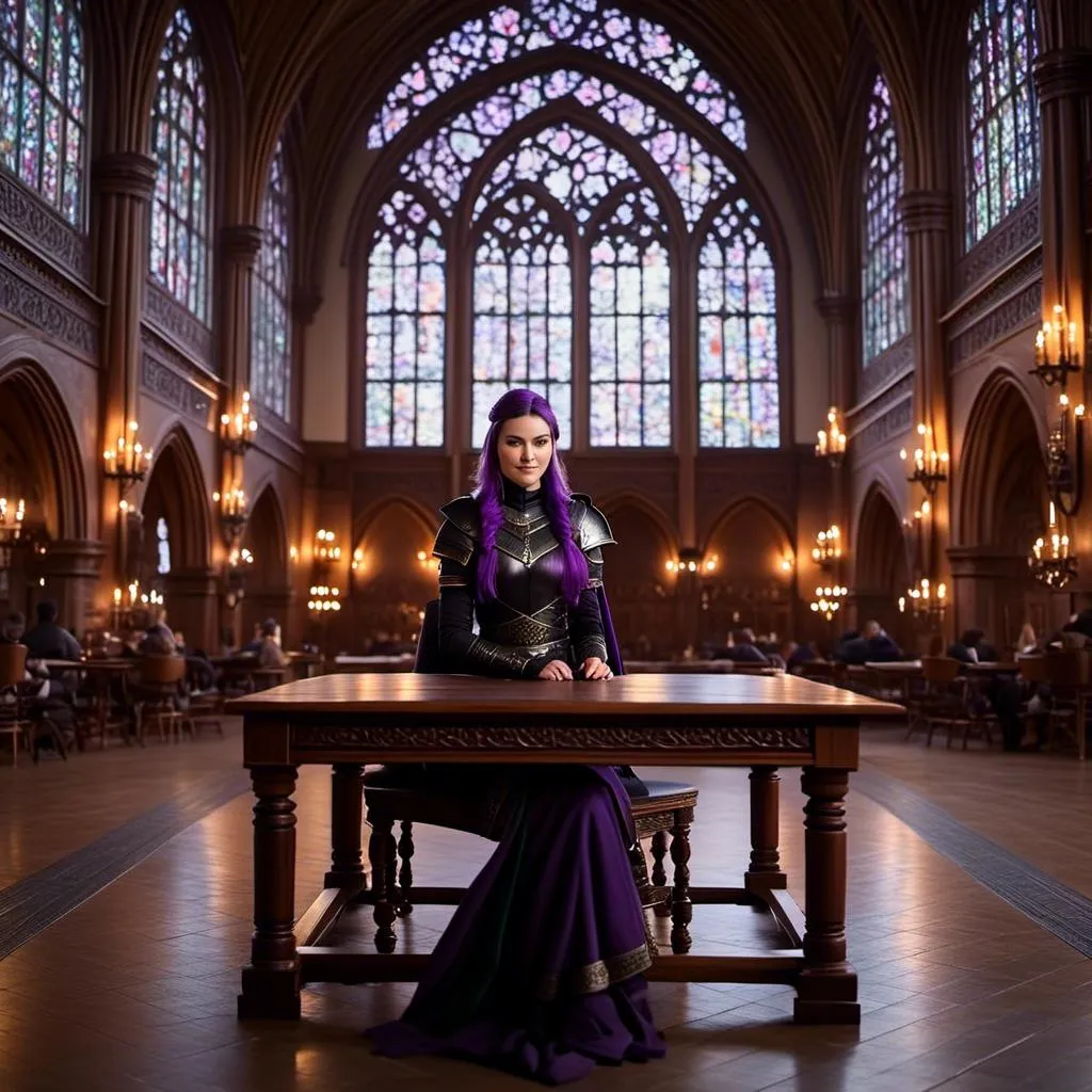 Prompt: Photo of <mymodel> sitting at a table in The Great Hall
