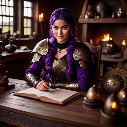 Prompt: Photo of <mymodel> casually relaxing sitting at a desk in her viking house