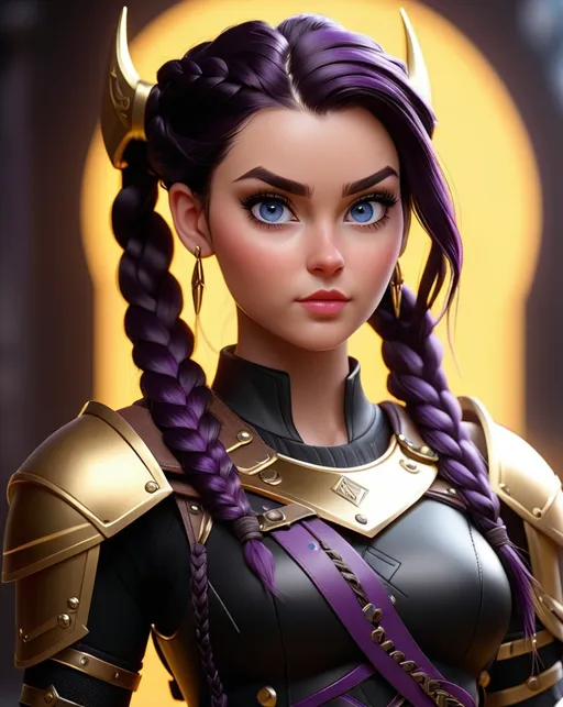 Prompt: Digital art, 20-year-old woman viking, dark purple hair, one braid, light blue eyes, black gear, gold armor, unreal engine 8k octane, 3d lighting, full body, full armor