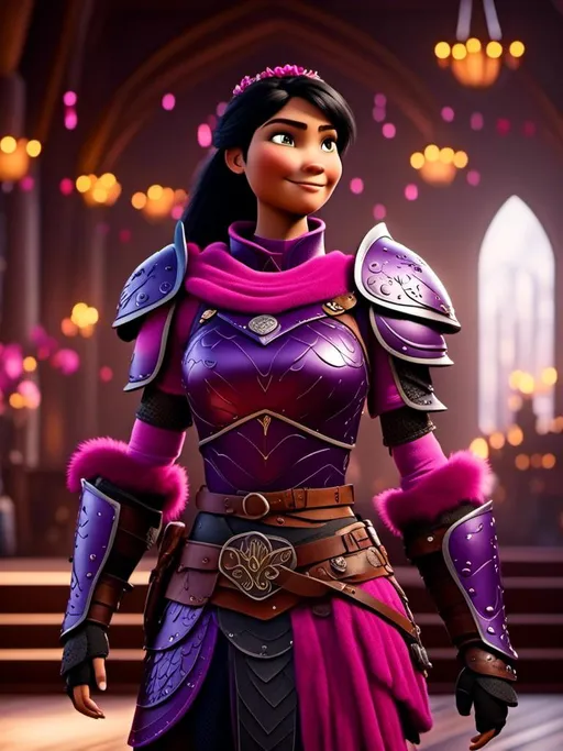 Prompt: <mymodel>CGI Animation, digital art, 20-year-old-old viking woman of royalty standing in The Great Hall on the Isle of Berk, {{purple gear, pink armor}}, black hair, straight hair with a tiara, subtle smile, unreal engine 8k octane, 3d lighting, close up camera shot on the face, full armor