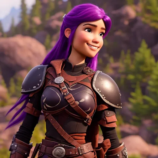 Prompt: <mymodel>CGi Animation, 20-year-old viking woman with one hair braid, subtle smile, purple hair, light blue eyes, purple gear, purple armor, silver textures and highlights, unreal engine 8k octane, 3d lighting, full body, full armor