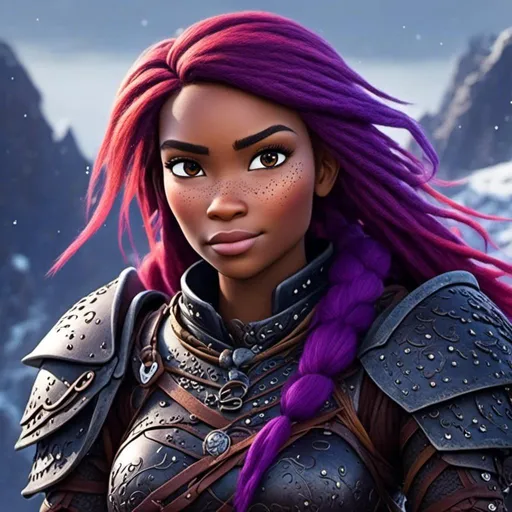 Prompt: <mymodel>animated CGI style, purple hair, viking female warrior, detailed braided hair and battle scars, rugged and weathered armor, intense and determined gaze, snowy and rugged landscape, fierce, warrior, detailed hair, battle scars, snowy landscape, intense gaze, weathered armor, dramatic lighting