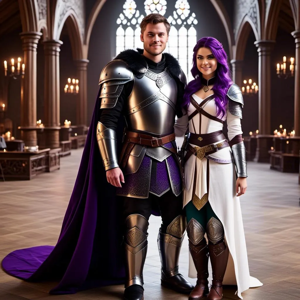 Prompt: Photo of <mymodel> standing in The Great Hall from How to Train Your Dragon with her husband Jarl Everson who is 24-years old who has brown (((short))) wavy hair