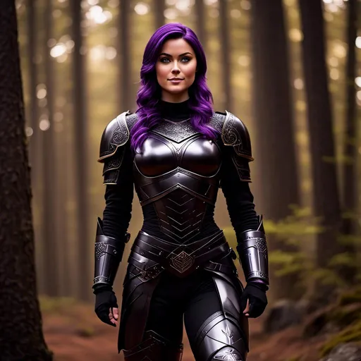 Prompt: <mymodel>25-year-old viking woman, subtle smile, light blue eyes, black gear, bright black armor, wearing an iron-man like suit of armor, black textures and highlights, standing in the forest, short focus, blurry background, unreal engine 8k octane, 3d lighting, full body, full armor