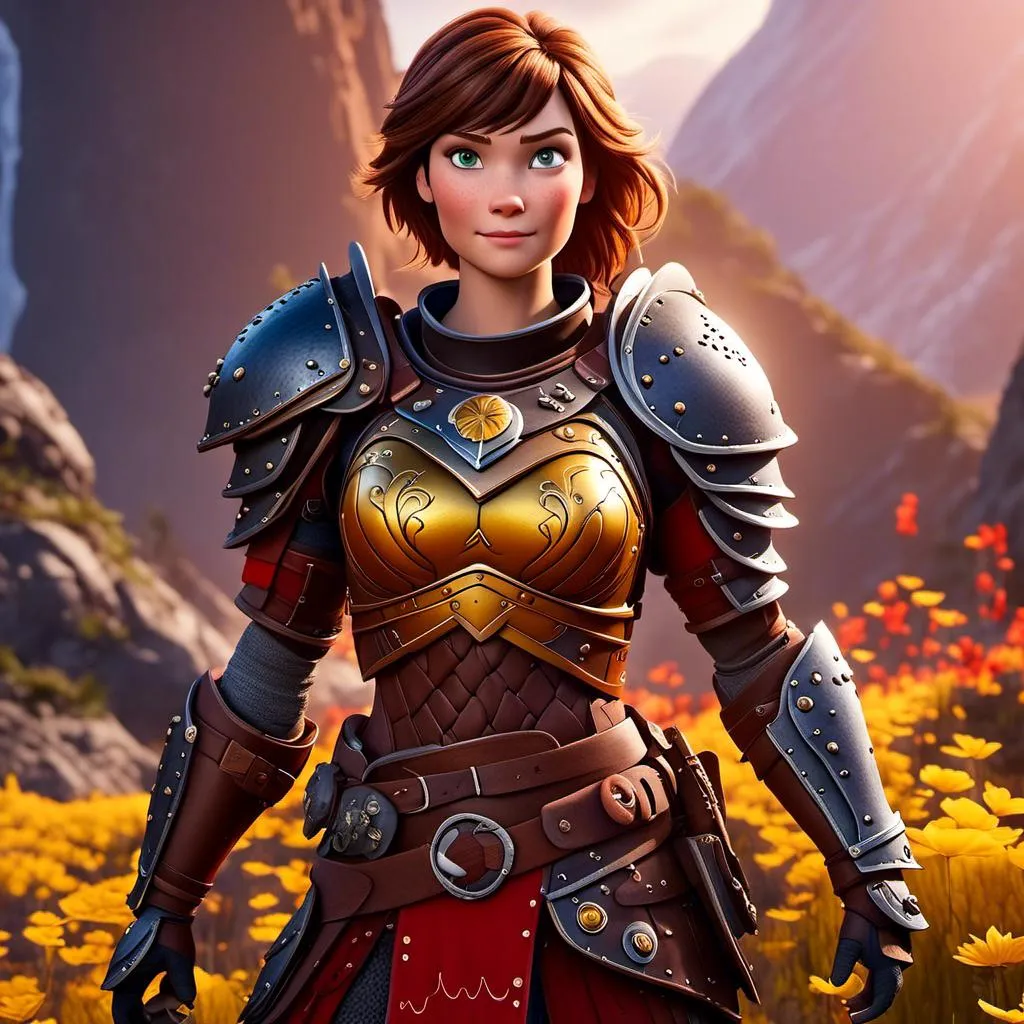 Prompt: <mymodel>CGI Animation of a viking female, brown hair, hazel eyes, bright red gear and armor, yellow highlights and textures, intricate details, high quality, digital painting, cool tones, dramatic lighting