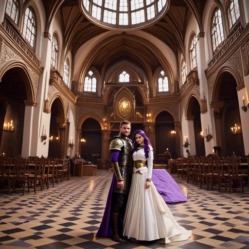 Prompt: Photo of <mymodel> standing in The Great Hall with her husband Jarl Everson who is 24-years old who has brown (((short))) wavy hair