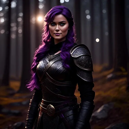 Prompt: <mymodel>25-year-old viking woman, subtle smile, light blue eyes, black gear, bright black armor, black textures and highlights, standing in the shadows of the forest at night, short focus, blurry background, moonlit scene, unreal engine 8k octane, 3d lighting, full body, full armor