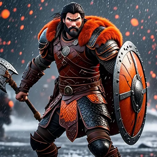 Prompt: <mymodel>Animated CGI style of a fierce Viking male about 25 years old, black hair, detailed facial features, leather armor {{((red))}} and orange armor, battle axe and shield, standing in the rain, intense and determined expression, dynamic and powerful pose, high definition, CGI, detailed armor, fierce female, Nordic designs, battle-ready, dynamic pose, professional lighting