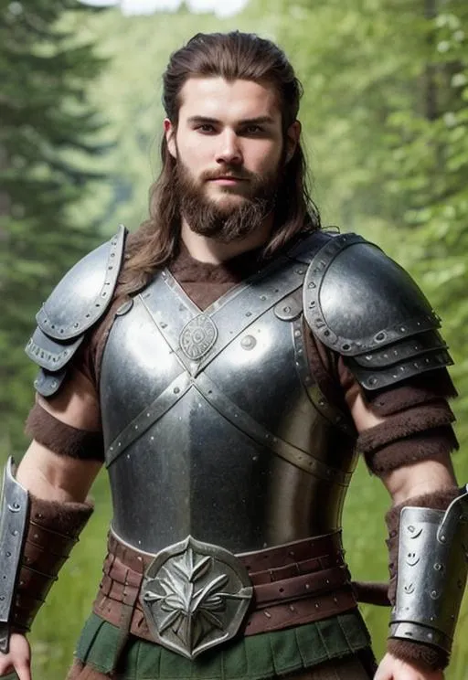 Prompt: Digital art, a 21-year-old viking man, subtle smile, round head, round face, short dark brown hair, brown hair, muscular, viking forest, green gear, silver armor, light green eyes, Tidal Class seal on chest armor, unreal engine 8k octane, 3d lighting.