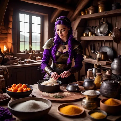 Prompt: Photo of <mymodel> working in the kitchen preparing food in her viking house