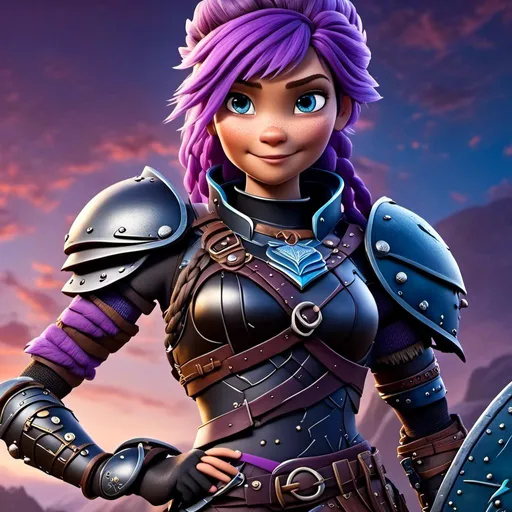 Prompt: <mymodel>CGI Animation of a viking female, purple hair in a single braid, light blue eyes, black gear and armor, intricate details, high quality, digital painting, cool tones, dramatic lighting